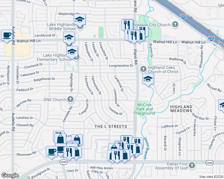 map of restaurants, bars, coffee shops, grocery stores, and more near 9125 Livenshire Drive in Dallas