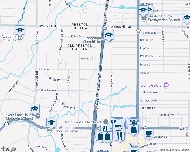 map of restaurants, bars, coffee shops, grocery stores, and more near 9446 Hathaway Street in Dallas
