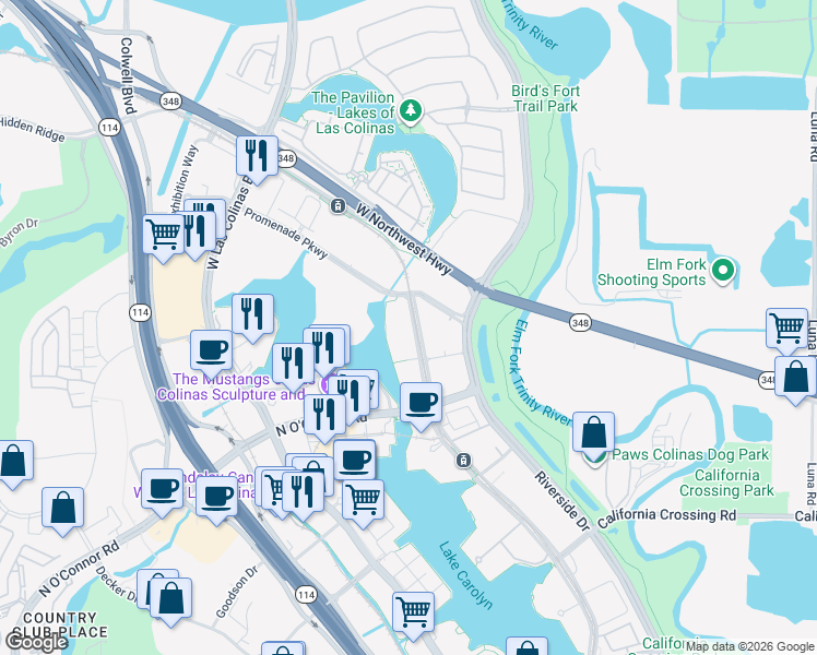 map of restaurants, bars, coffee shops, grocery stores, and more near 1100 Lake Carolyn Parkway in Irving