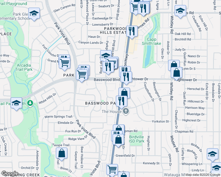 map of restaurants, bars, coffee shops, grocery stores, and more near 7313 Starwood Drive in Fort Worth
