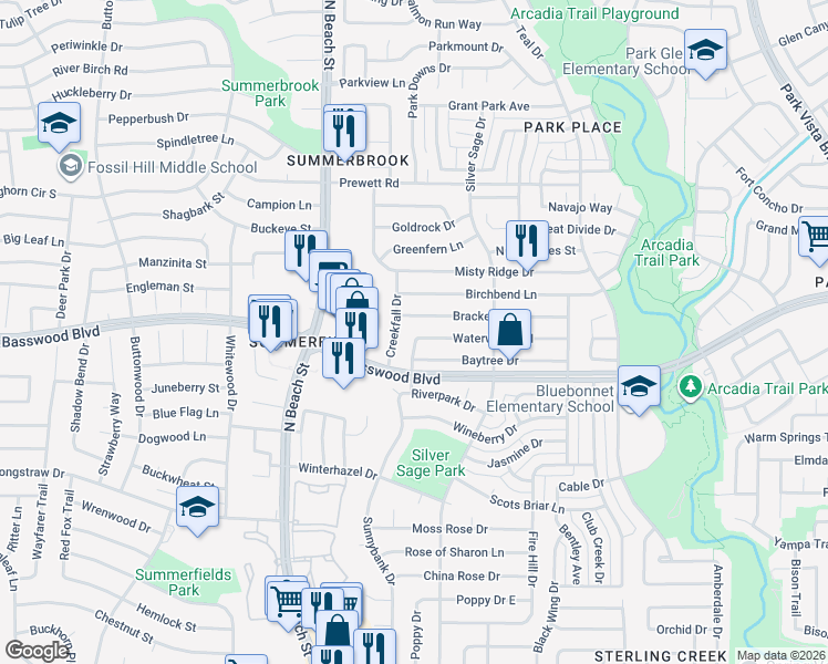 map of restaurants, bars, coffee shops, grocery stores, and more near 7416 Creekfall Drive in Fort Worth