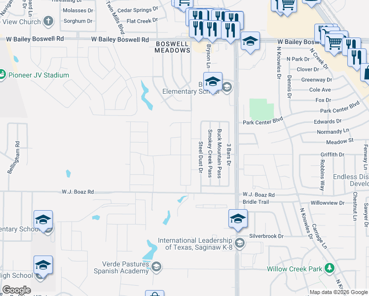 map of restaurants, bars, coffee shops, grocery stores, and more near 8201 Old Decatur Road in Fort Worth
