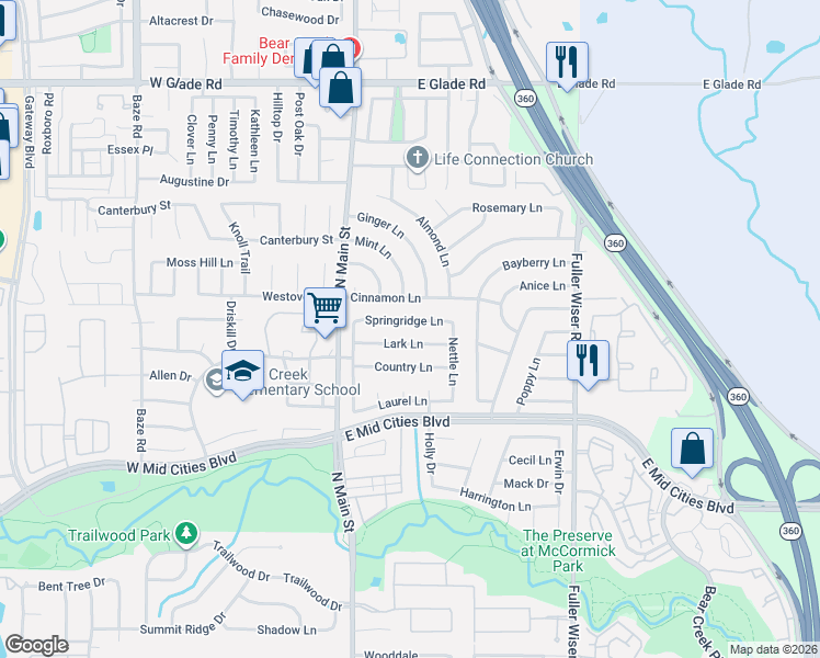 map of restaurants, bars, coffee shops, grocery stores, and more near 210 Lark Lane in Euless