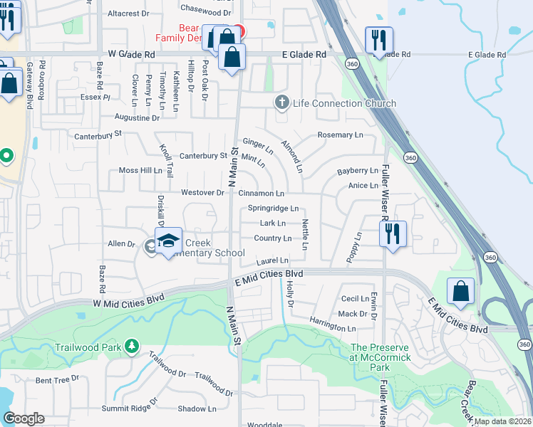 map of restaurants, bars, coffee shops, grocery stores, and more near 108 Lark Lane in Euless