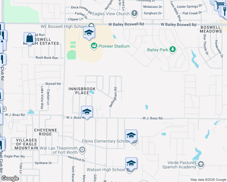 map of restaurants, bars, coffee shops, grocery stores, and more near 7629 Bellingham Road in Fort Worth