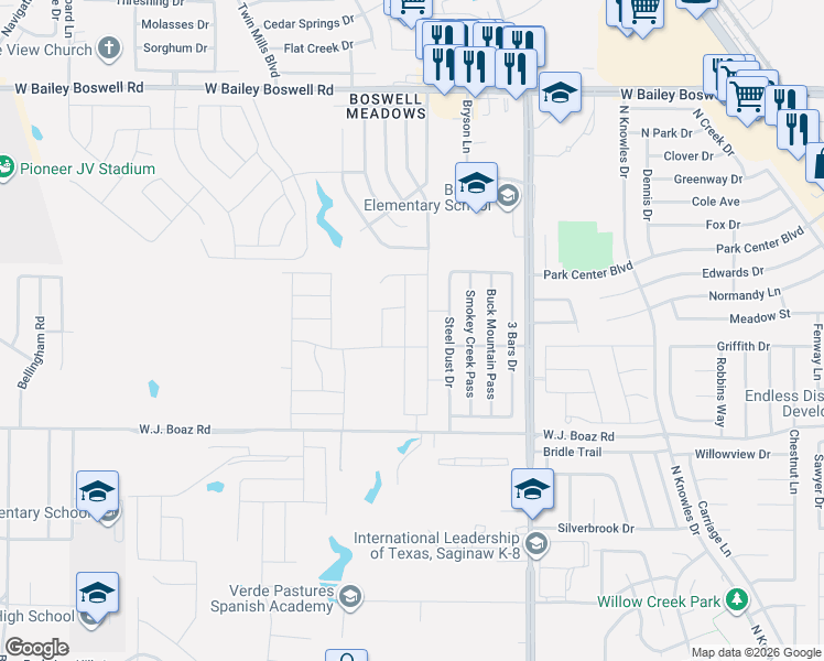 map of restaurants, bars, coffee shops, grocery stores, and more near 8201 Old Decatur Road in Fort Worth