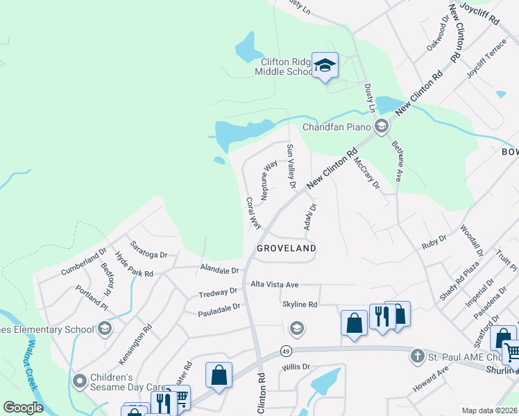 map of restaurants, bars, coffee shops, grocery stores, and more near 2812 New Clinton Road in Macon