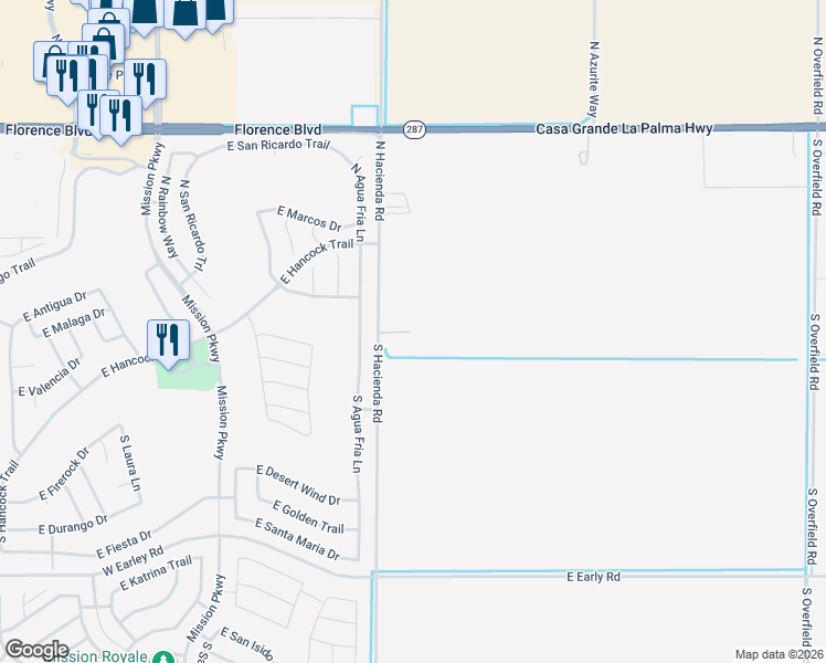map of restaurants, bars, coffee shops, grocery stores, and more near 88 North Hacienda Road in Casa Grande
