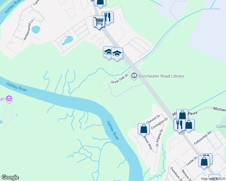 map of restaurants, bars, coffee shops, grocery stores, and more near 4435 Great Oak Drive in North Charleston
