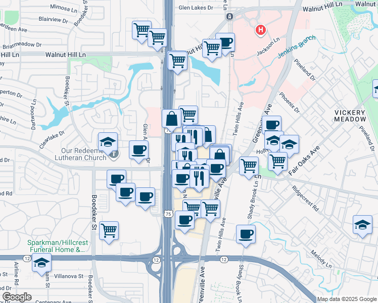 map of restaurants, bars, coffee shops, grocery stores, and more near 9100 North Central Expressway in Dallas