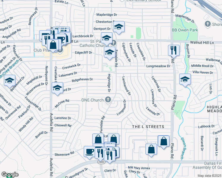 map of restaurants, bars, coffee shops, grocery stores, and more near 10140 Shadyview Drive in Dallas