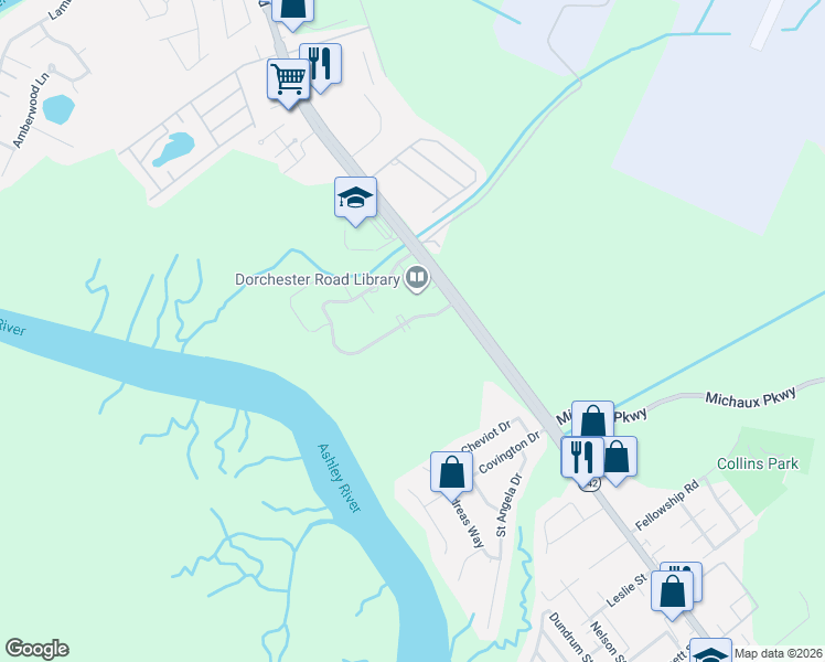 map of restaurants, bars, coffee shops, grocery stores, and more near 4407 Great Oak Drive in North Charleston