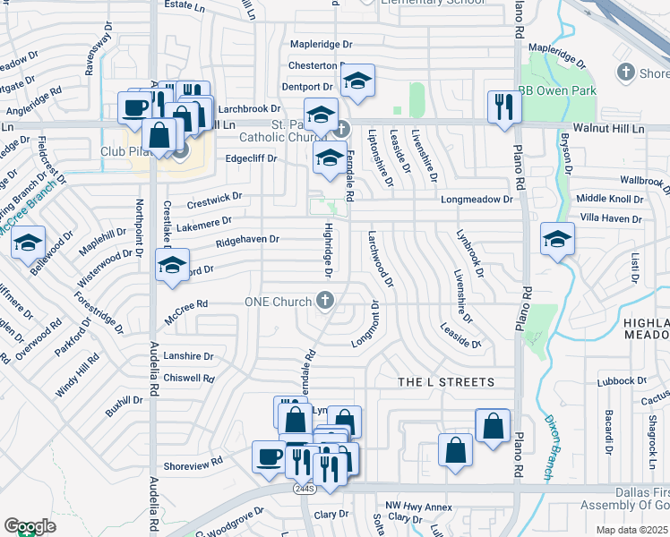 map of restaurants, bars, coffee shops, grocery stores, and more near 10140 Shadyview Drive in Dallas