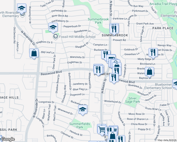 map of restaurants, bars, coffee shops, grocery stores, and more near 7312 Whitewood Drive in Fort Worth