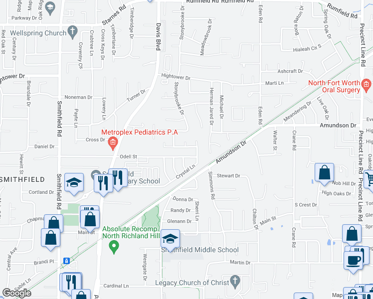 map of restaurants, bars, coffee shops, grocery stores, and more near 8452 Ruthette Drive in North Richland Hills