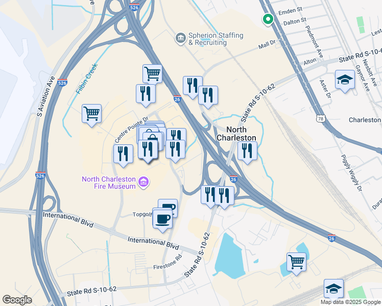 map of restaurants, bars, coffee shops, grocery stores, and more near 5055 North Arco Lane in North Charleston