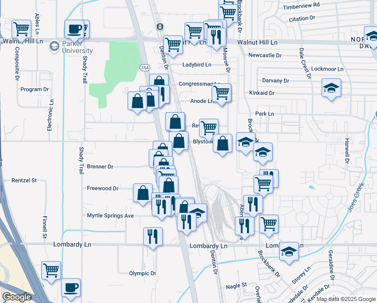 map of restaurants, bars, coffee shops, grocery stores, and more near Denton Drive in Dallas County