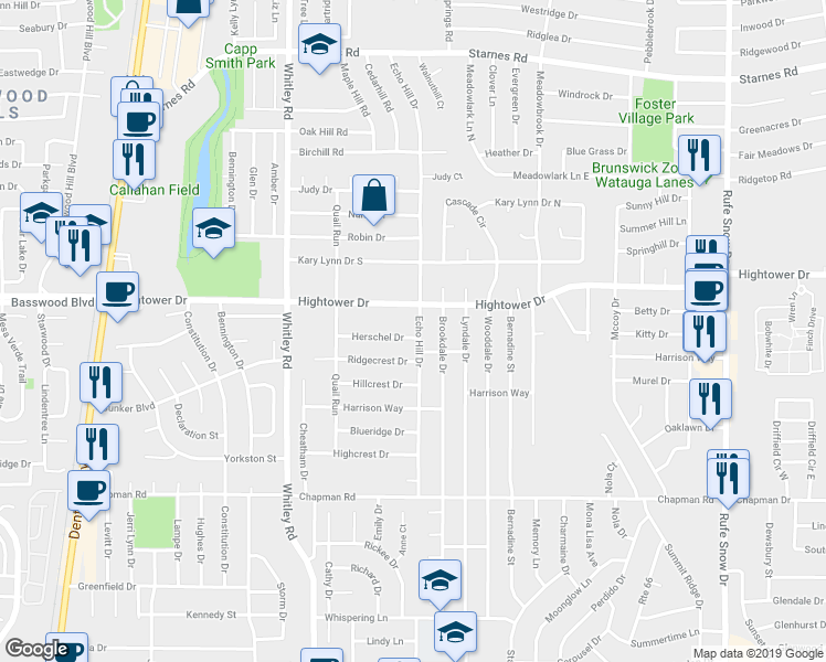 map of restaurants, bars, coffee shops, grocery stores, and more near 6053 Herschel Drive in Watauga