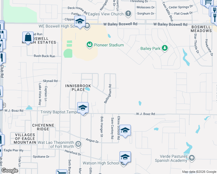 map of restaurants, bars, coffee shops, grocery stores, and more near 7629 Bellingham Road in Fort Worth