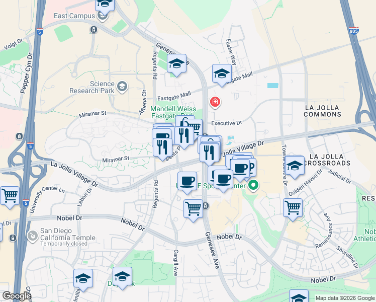 map of restaurants, bars, coffee shops, grocery stores, and more near 4240 La Jolla Village Drive in San Diego
