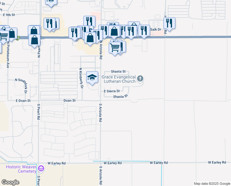 map of restaurants, bars, coffee shops, grocery stores, and more near 1737 Shasta Street in Casa Grande