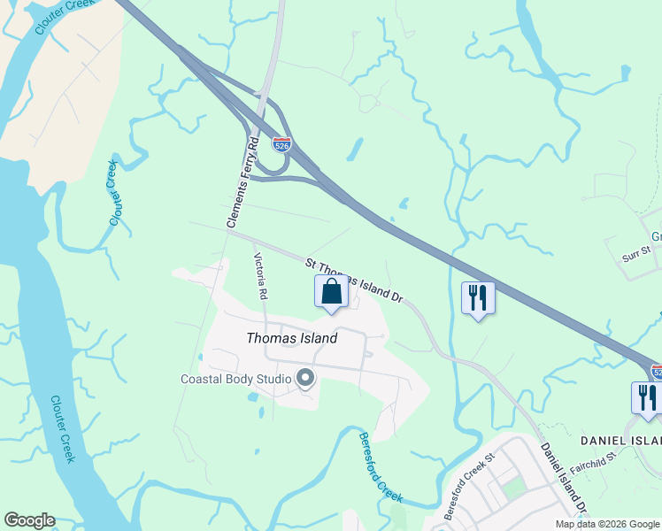 map of restaurants, bars, coffee shops, grocery stores, and more near 1073 Saint Thomas Island Drive in Wando