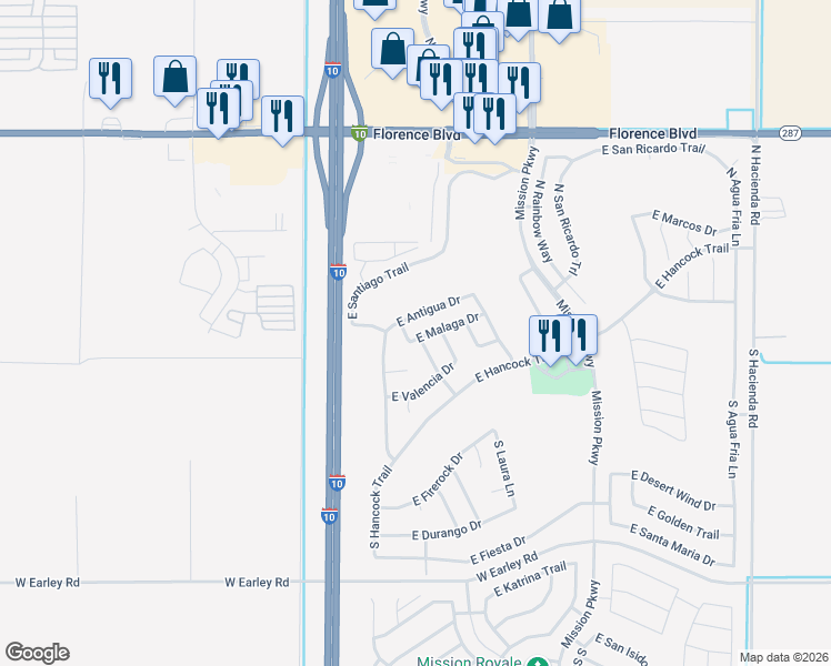 map of restaurants, bars, coffee shops, grocery stores, and more near 2391 East Malaga Drive in Casa Grande