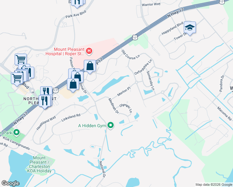 map of restaurants, bars, coffee shops, grocery stores, and more near 3329 Merion Place in Mount Pleasant