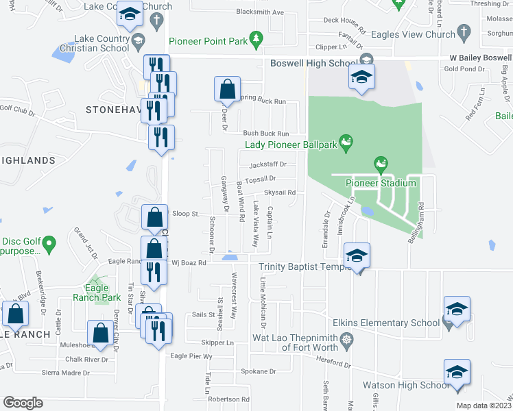 map of restaurants, bars, coffee shops, grocery stores, and more near 7609 Lake Vista Way in Fort Worth