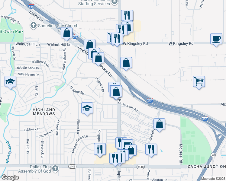 map of restaurants, bars, coffee shops, grocery stores, and more near 12959 Jupiter Road in Dallas
