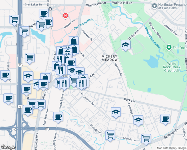map of restaurants, bars, coffee shops, grocery stores, and more near 7152 Fair Oaks Avenue in Dallas