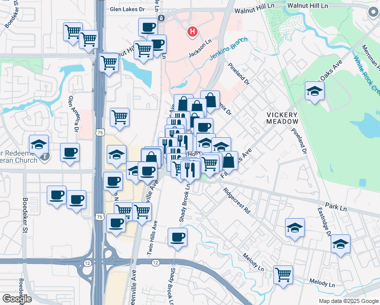 map of restaurants, bars, coffee shops, grocery stores, and more near 5814 Ridgecrest Road in Dallas