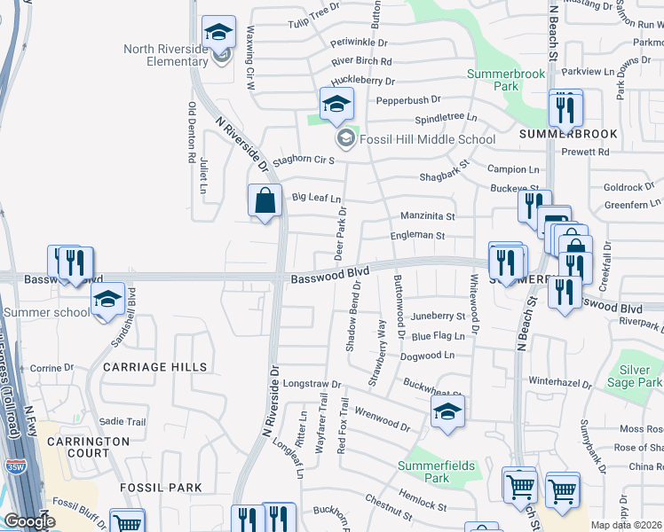 map of restaurants, bars, coffee shops, grocery stores, and more near 7321 Wayfarer Trail in Fort Worth