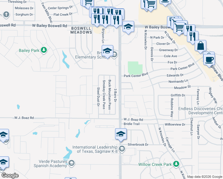 map of restaurants, bars, coffee shops, grocery stores, and more near 8325 3 Bars Drive in Fort Worth
