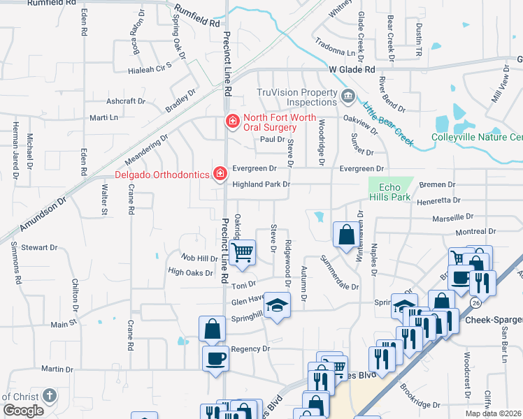 map of restaurants, bars, coffee shops, grocery stores, and more near 765 Ridgewood Circle in Hurst