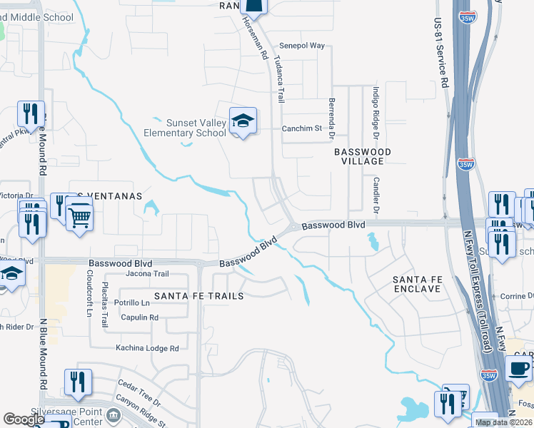 map of restaurants, bars, coffee shops, grocery stores, and more near 7333 Lowline Drive in Fort Worth
