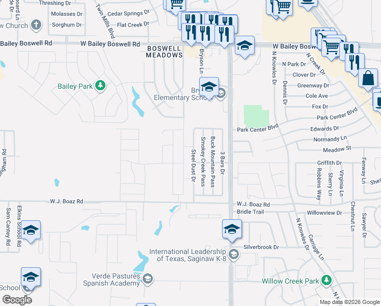 map of restaurants, bars, coffee shops, grocery stores, and more near 8404 Steel Dust Drive in Fort Worth