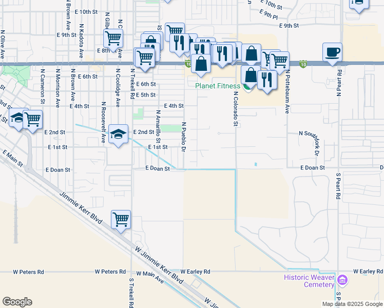 map of restaurants, bars, coffee shops, grocery stores, and more near 1215 East Ontario Court in Casa Grande