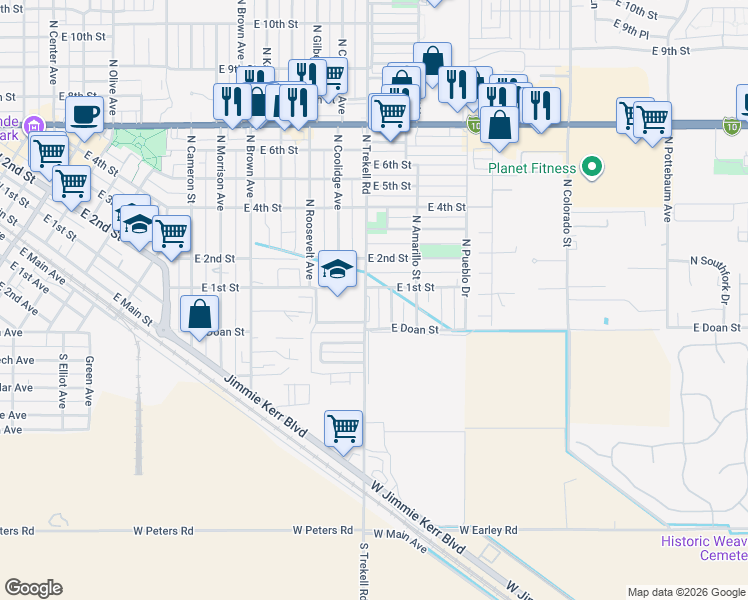 map of restaurants, bars, coffee shops, grocery stores, and more near 55 North Alta Avenue in Casa Grande