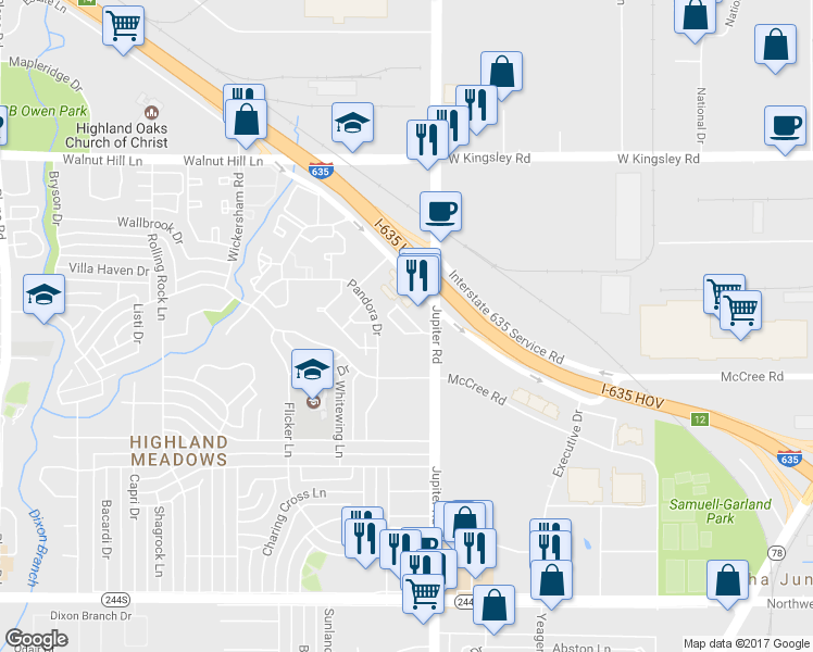 map of restaurants, bars, coffee shops, grocery stores, and more near 12993 Jupiter Road in Dallas