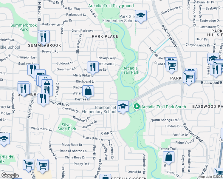 map of restaurants, bars, coffee shops, grocery stores, and more near 4812 Birchbend Lane in Fort Worth
