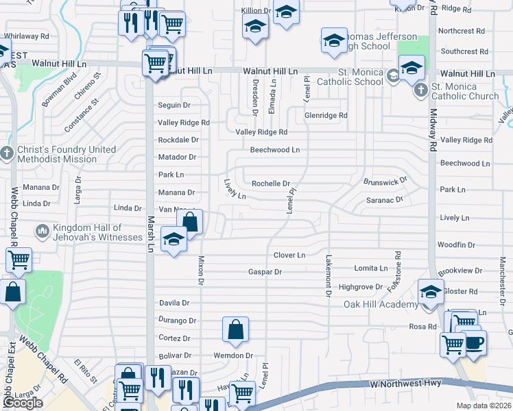 map of restaurants, bars, coffee shops, grocery stores, and more near 3950 Rochelle Drive in Dallas