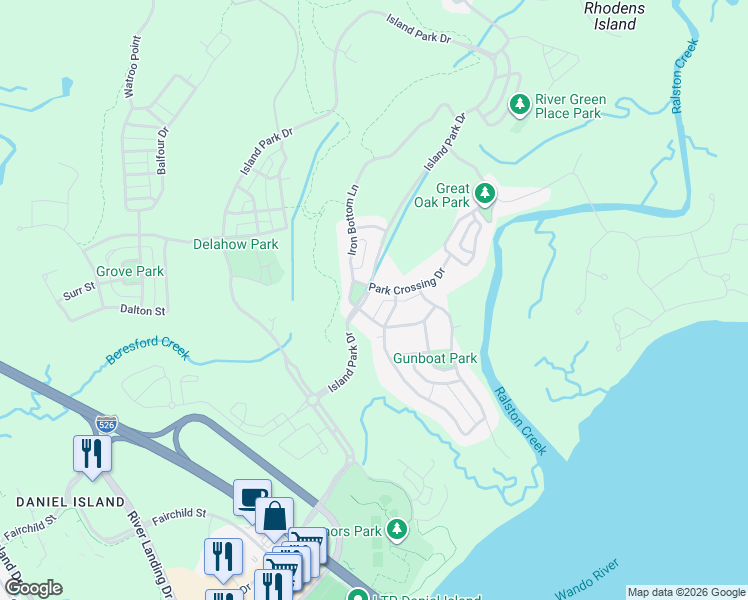 map of restaurants, bars, coffee shops, grocery stores, and more near 112 Island Park Drive in Charleston