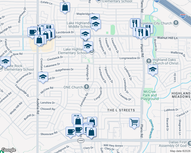 map of restaurants, bars, coffee shops, grocery stores, and more near 9306 Ferndale Road in Dallas