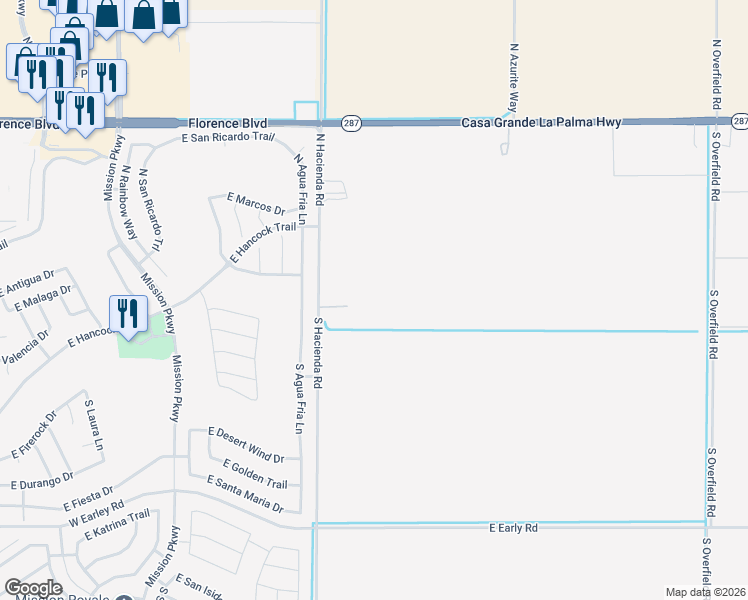 map of restaurants, bars, coffee shops, grocery stores, and more near 88 North Hacienda Road in Casa Grande