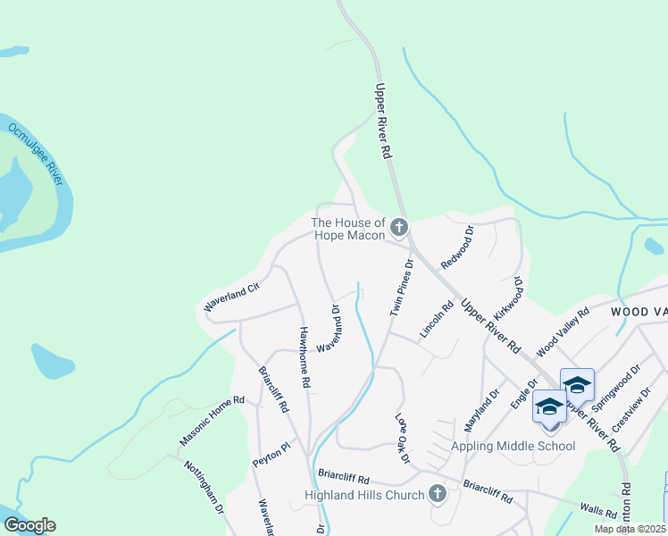 map of restaurants, bars, coffee shops, grocery stores, and more near 1849 Waverland Drive in Macon
