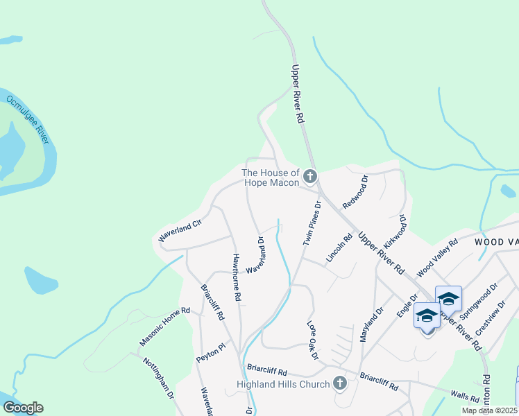 map of restaurants, bars, coffee shops, grocery stores, and more near 1849 Waverland Drive in Macon