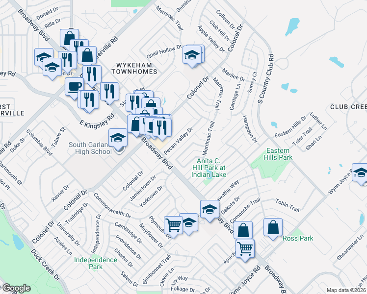 map of restaurants, bars, coffee shops, grocery stores, and more near 1306 Pecan Valley Drive in Garland