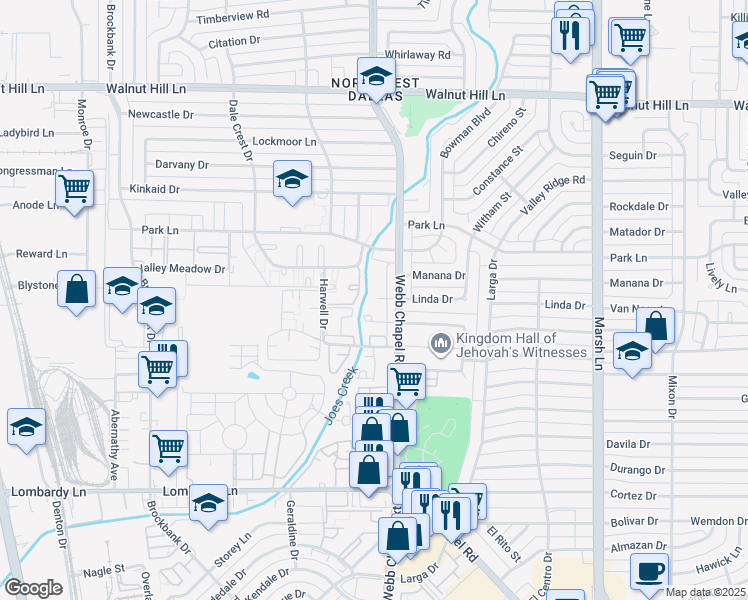 map of restaurants, bars, coffee shops, grocery stores, and more near 9873 Webb Chapel Road in Dallas