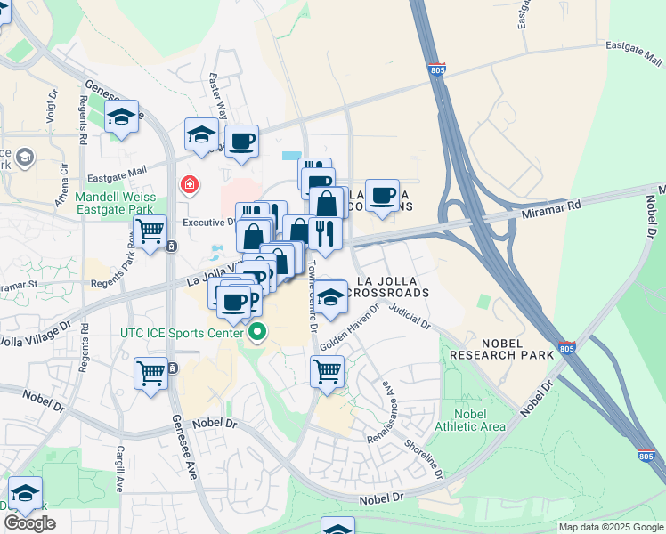 map of restaurants, bars, coffee shops, grocery stores, and more near 9191 Towne Centre Drive in San Diego